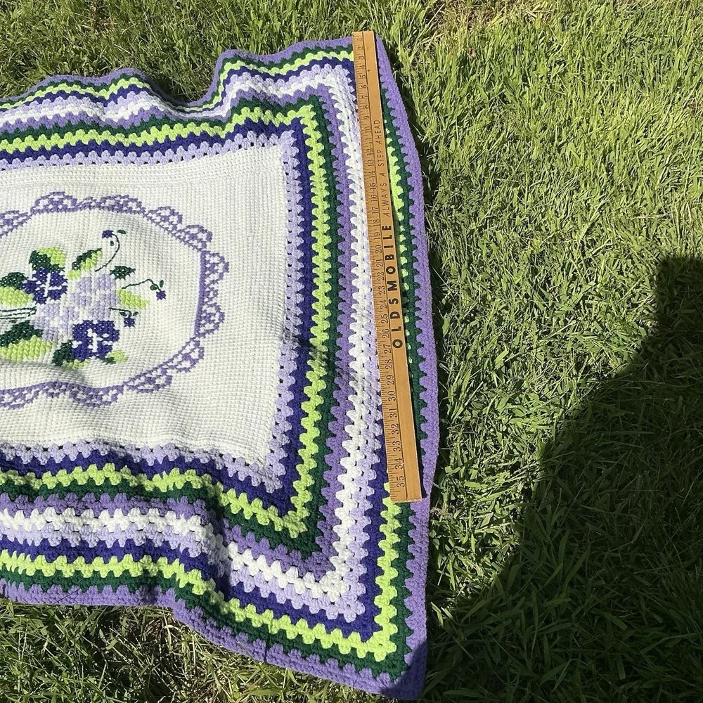 Vintage Crocheted Needlepoint Hand Made Quilt Blanket Afghan Throw Floral Purple